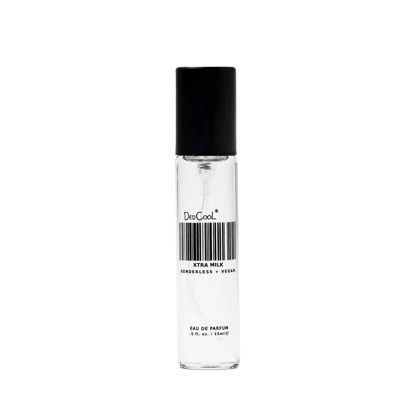 A bottle of "dr. cool xtra milk" genderless and vegan eau de parfum with a black cap.