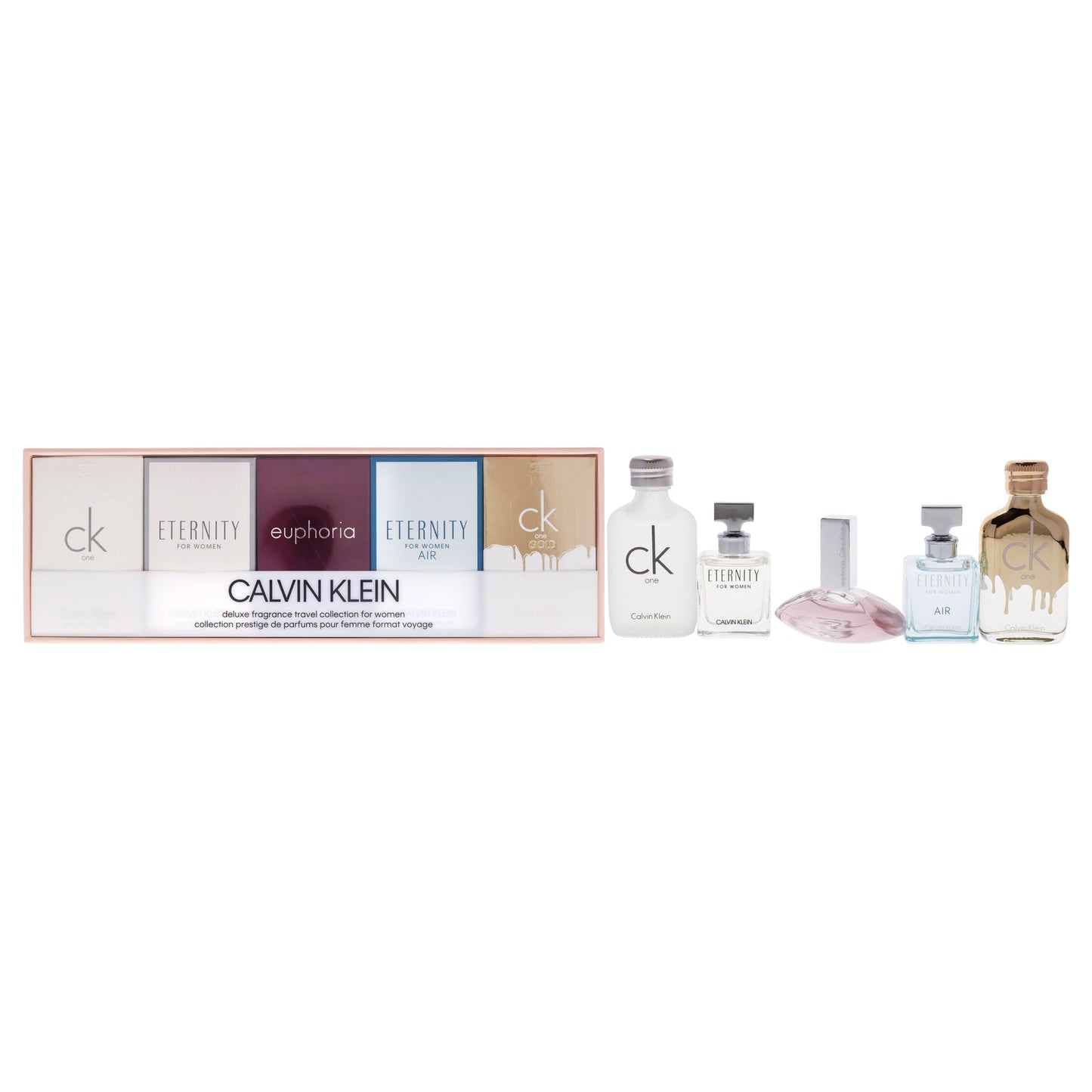 Calvin Klein Deluxe Fragrance Travel Collection by Calvin Klein for Women 5 Pc Mini Gift Set 0.33oz CK One EDT Splash, 0.33oz CK One Gold EDT Spray 0.16oz Eternity EDP Splash, 0.16oz Eternity Air EDT Spray, 0.13oz Euphoria EDP Splash,