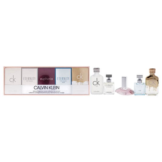 Calvin Klein Deluxe Fragrance Travel Collection by Calvin Klein for Women 5 Pc Mini Gift Set 0.33oz CK One EDT Splash, 0.33oz CK One Gold EDT Spray 0.16oz Eternity EDP Splash, 0.16oz Eternity Air EDT Spray, 0.13oz Euphoria EDP Splash,
