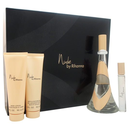 Nude by Rihanna for Women 4 Pc Gift Set 3.4oz EDP Spray, 0.34oz EDP Spray, 3oz Body Lotion, 3oz Bath & Shower Gel