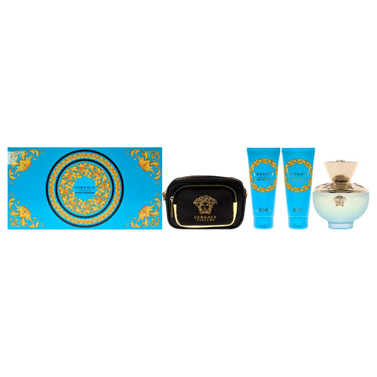 Dylan Turquoise Pour Femme by Versace for Women - 4 Pc Gift Set 3.4oz EDT Spray, 3.4oz Perfumed Body Gel, 3.4oz Perfumed Bath and Shower Gel, Pouch