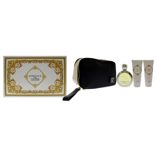 Versace Eros Pour Femme by Versace for Women - 4 Pc Gift Set 3.4oz EDT Spray, 3.4oz Luxury Body Lotion, 3.4oz Luxury Bath and Shower Gel, Black and Gold Travel Beauty