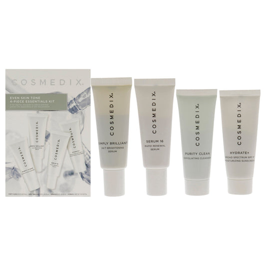 Even Skin Tone Essentials Kit by CosMedix for Unisex - 4 Pc Kit 0.5oz Purity Clean, 0.5oz Simply Brilliant, 0.5oz Serum 16, 0.5oz Hydrate Plus