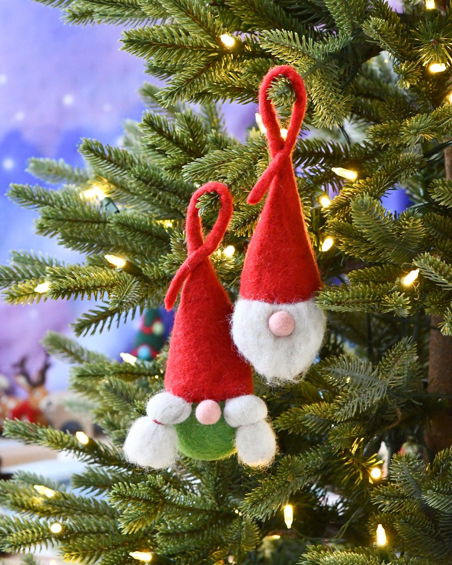 Felt Christmas Green-Red Santa Gnome Baubles (Pair)
